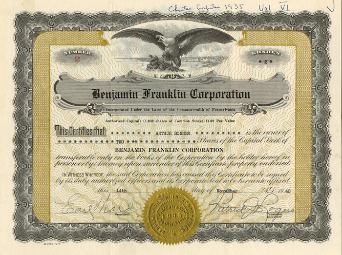 Benjamin Franklin Corporation - Stock Certificate